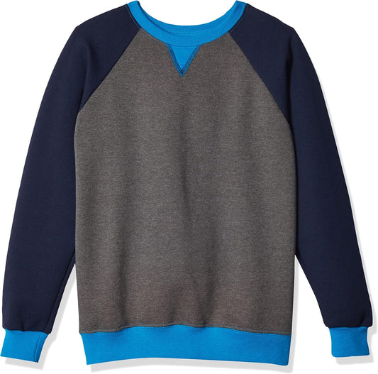 Fruit of the Loom Boys' Fleece Crewneck Sweatshirt, CHARCOAL HEATHER/GHOST NAVY/PACIFIC BLUE, X-Small