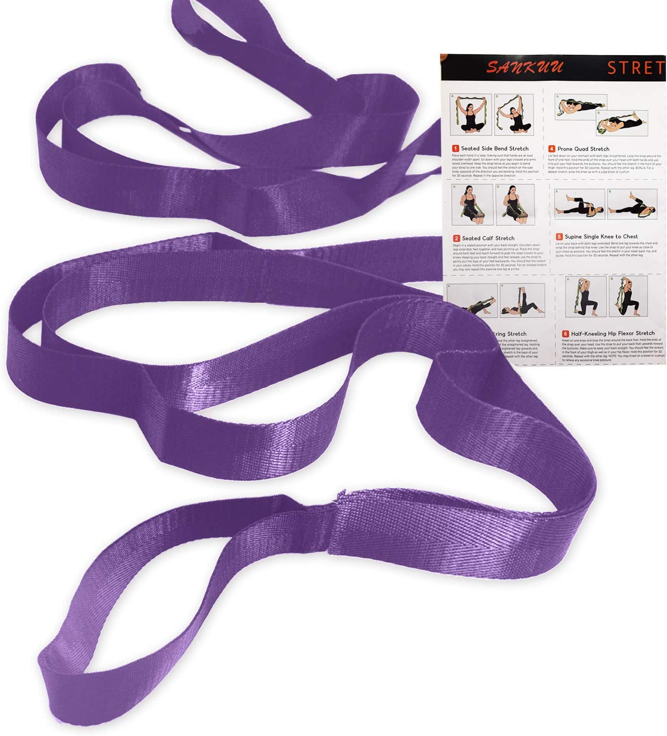 SANKUU Yoga Straps Stretching Strap with 12 Loops Workout Poster, Straps for Stretching Physical Therapy Equipment Long Stretch Out Bands for Exercise, Pilates and Gymnastics for Women Men